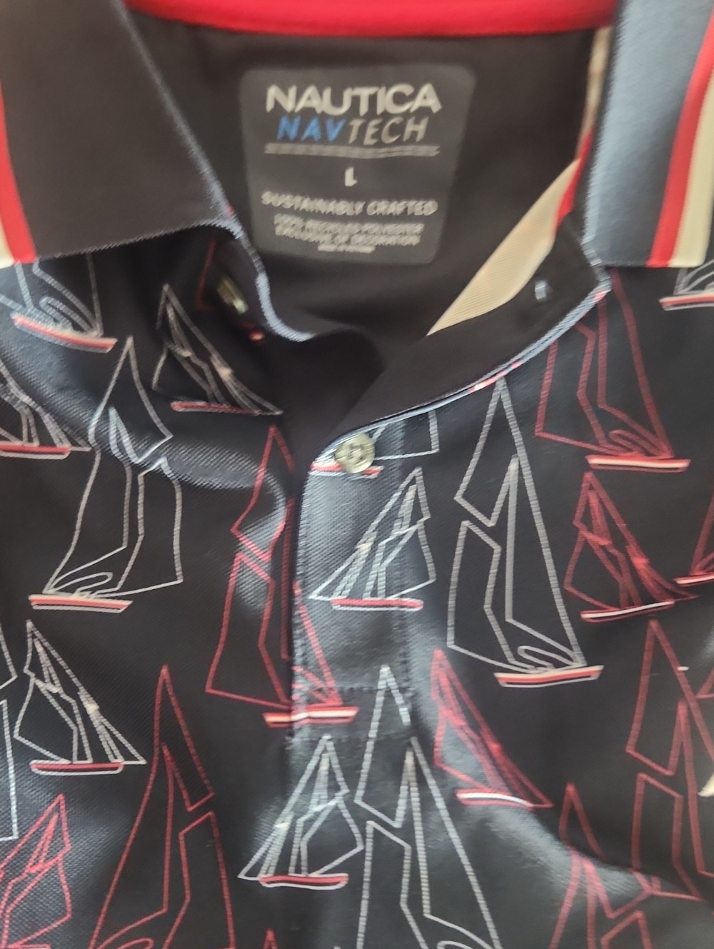 Nautica Navtech Black Polo with Red & White Sailboat Print